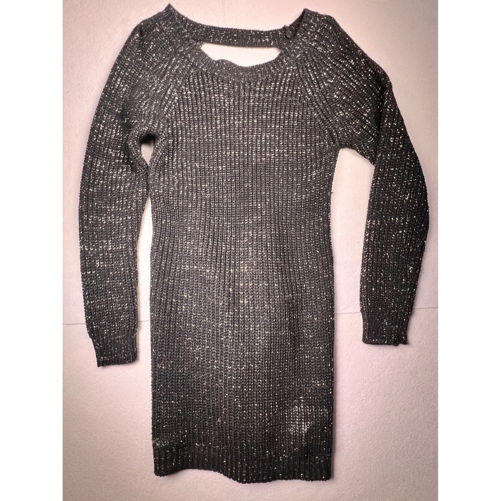 It's Our Time Metallic Silver Charcoal Gray Cutout Back Sweater Dress Small